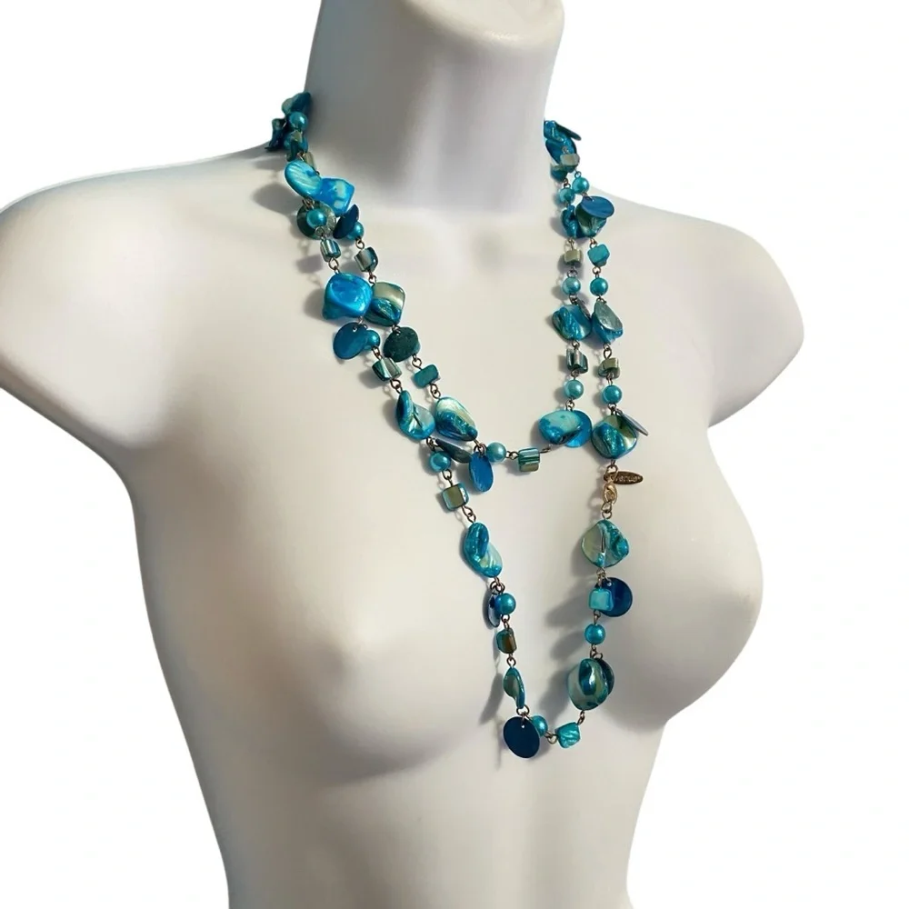 AVENUE Blue Natural Seashells Long Necklace Bohemian Style Oceancore Beachcore - Picture 2 of 9